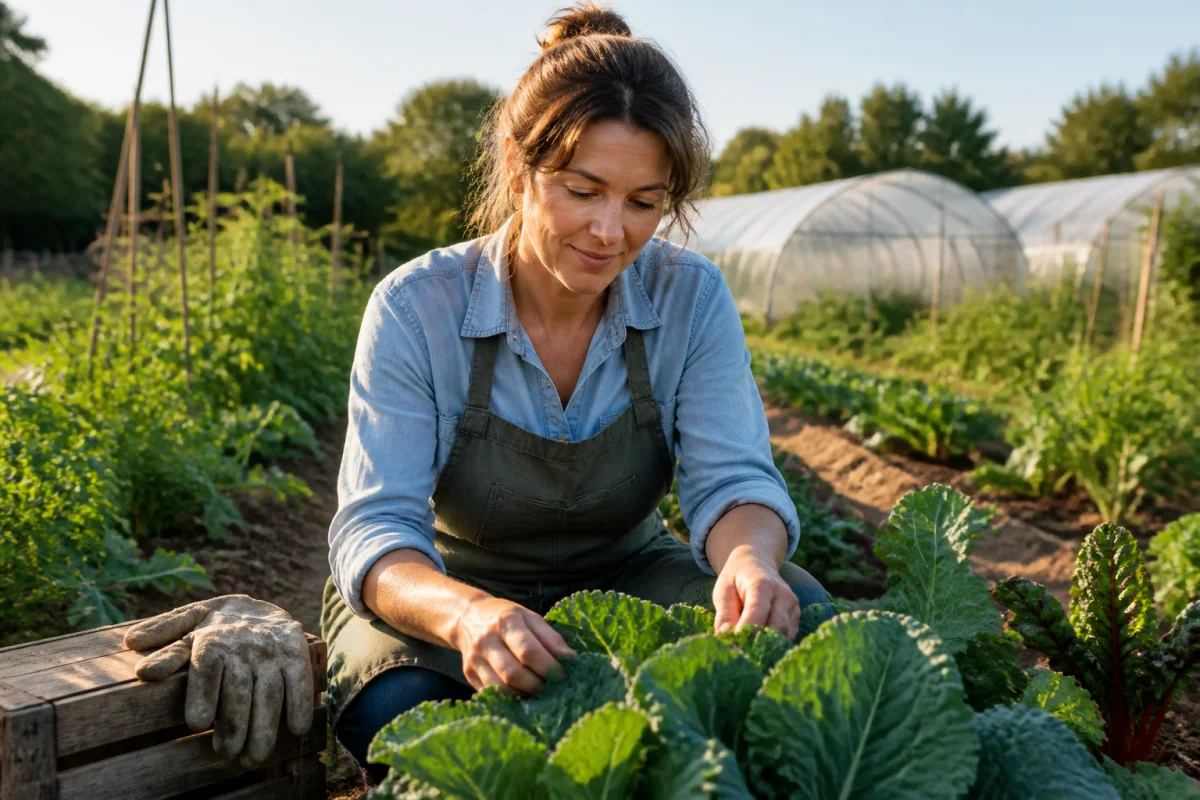 Agricultrice inspectant ses légumes dans une exploitation maraîchère pour illustrer comment devenir exploitant agricole de manière durable.