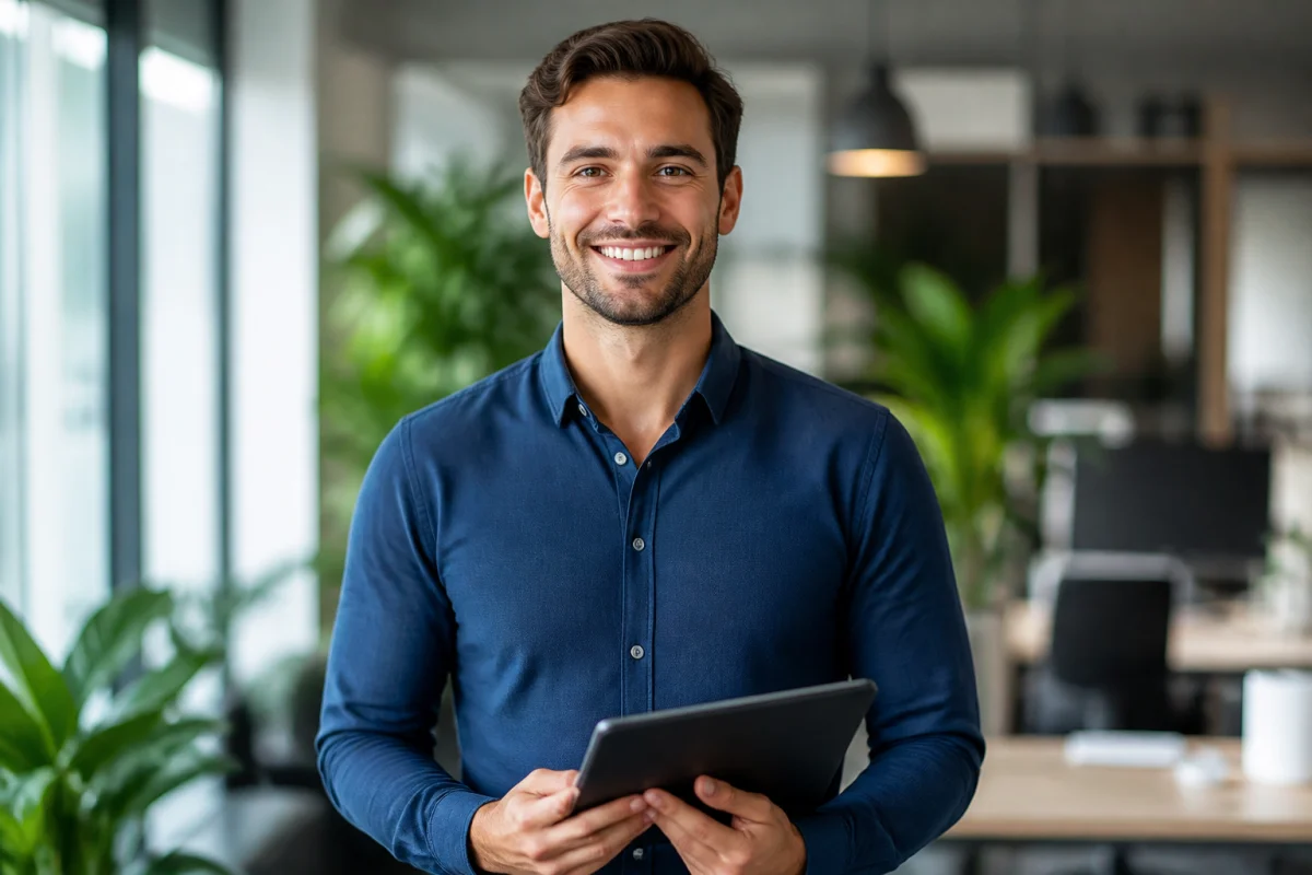 Jeune professionnel souriant dans un bureau moderne, illustrant les étapes pour devenir ingénieur commercial avec assurance.