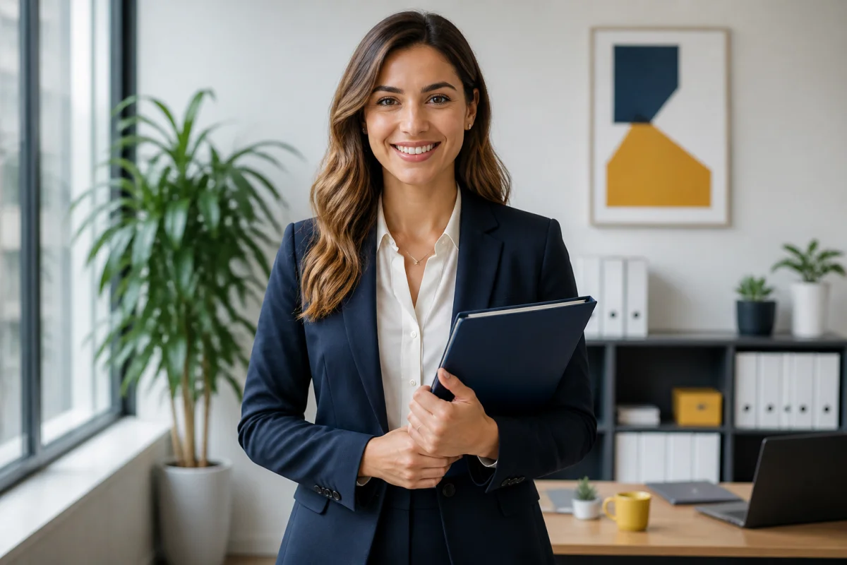 Jeune ingénieure commerciale souriante et confiante dans un bureau moderne pour illustrer comment devenir ingénieur commercial.