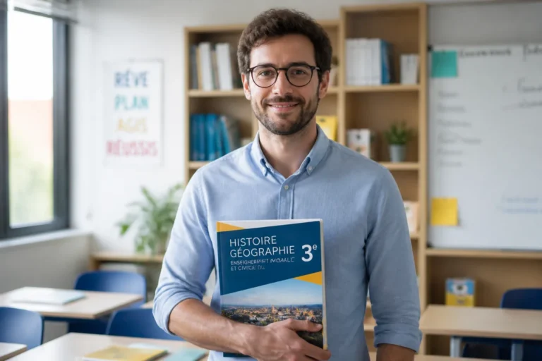 Enseignant bienveillant souriant dans une salle de classe pour illustrer comment devenir professeur d'anglais professionnel.