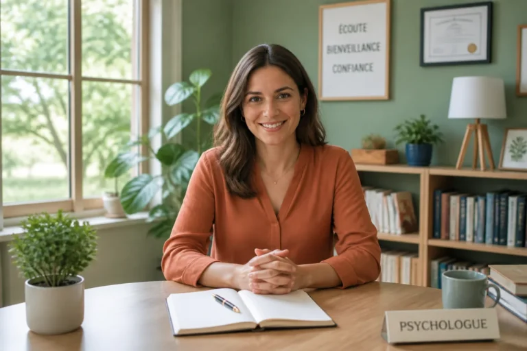 Psychologue scolaire souriante en entretien dans un bureau lumineux, illustrant comment devenir psychologue scolaire avec bienveillance.
