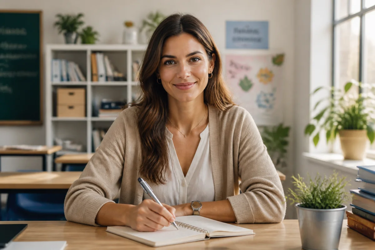 Jeune psychologue scolaire souriante travaillant dans une salle de classe lumineuse pour illustrer comment devenir psychologue scolaire.