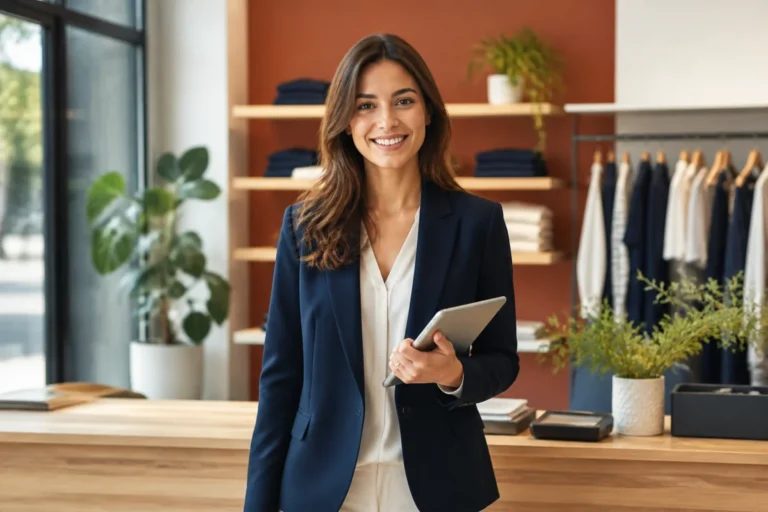 Jeune femme professionnelle souriante dans un magasin de prêt-à-porter, illustrant comment devenir responsable de magasin avec assurance.