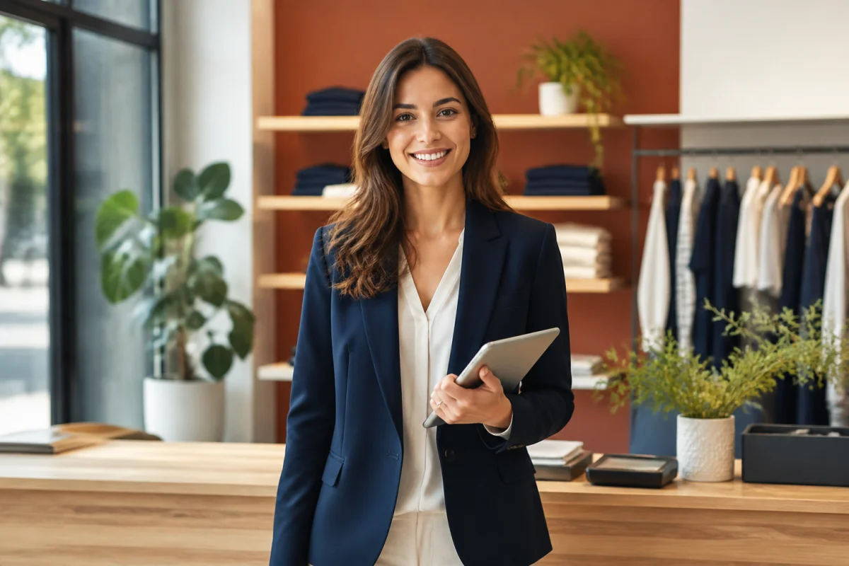 Jeune femme professionnelle souriante dans un magasin de prêt-à-porter, illustrant comment devenir responsable de magasin avec assurance.