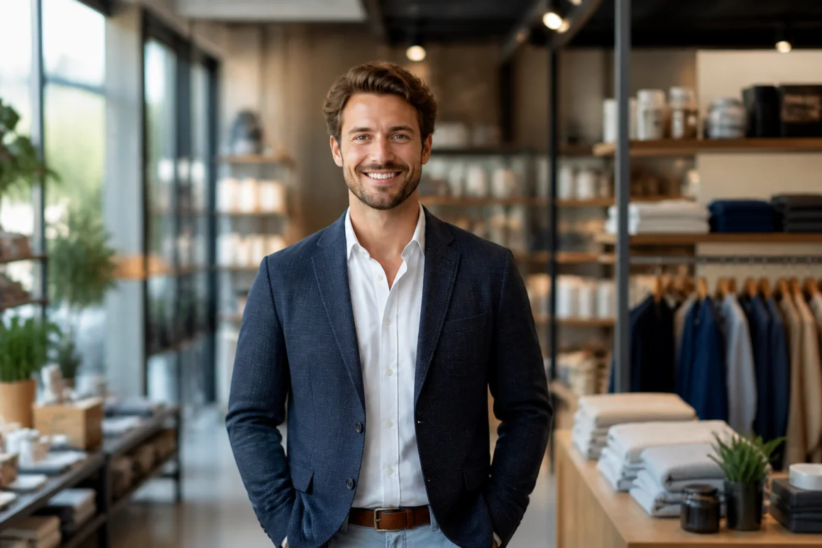 Professionnel souriant et confiant dans un magasin moderne, illustrant comment devenir responsable de magasin avec succès.
