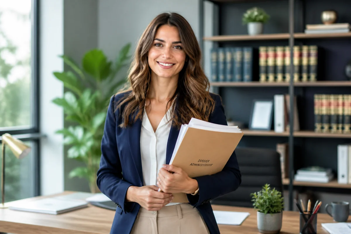 Jeune secrétaire juridique souriante tenant un dossier dans un bureau moderne pour illustrer comment devenir secrétaire juridique.