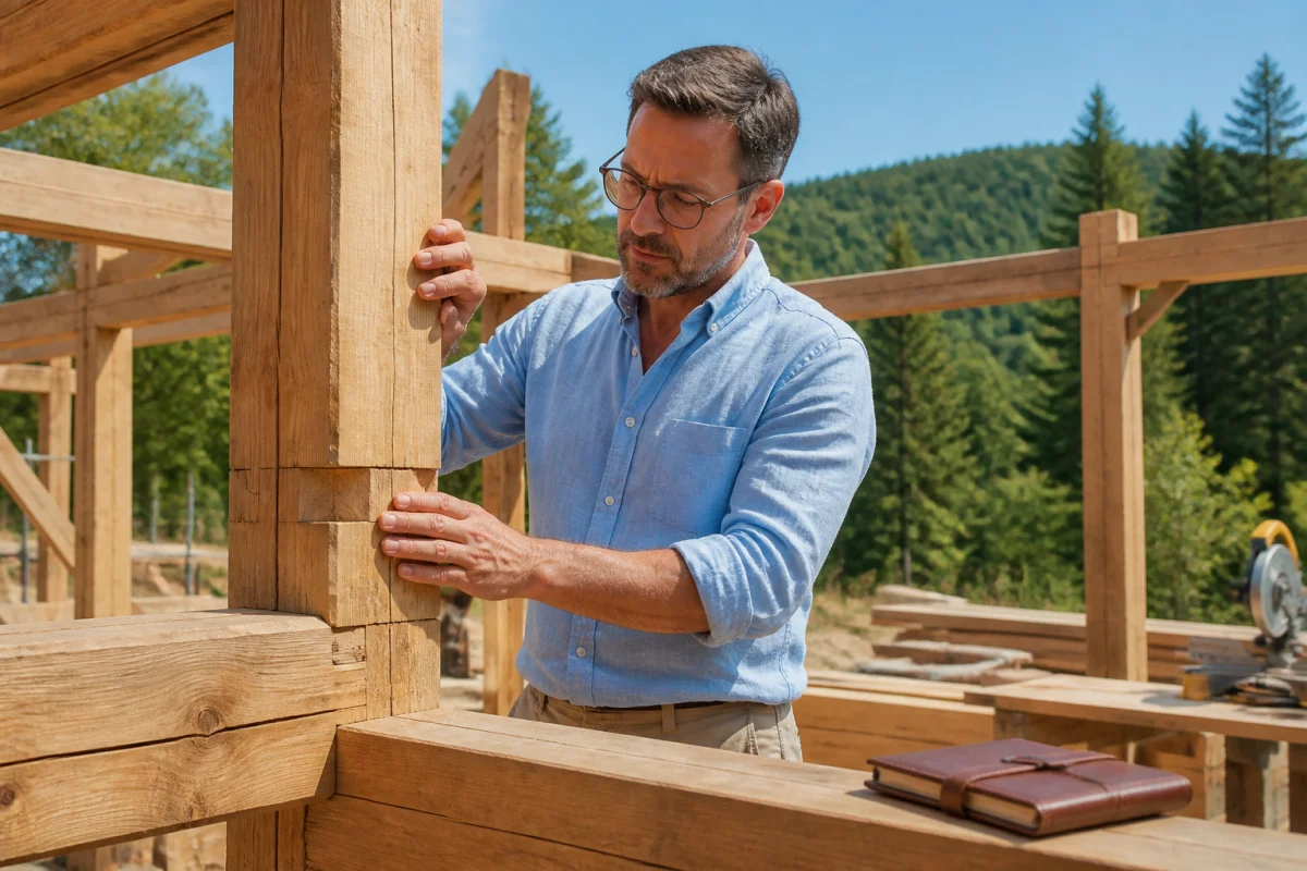 Ingénieur en bâtiment examinant une structure en bois sur un chantier durable pour devenir expert en bâtiment.