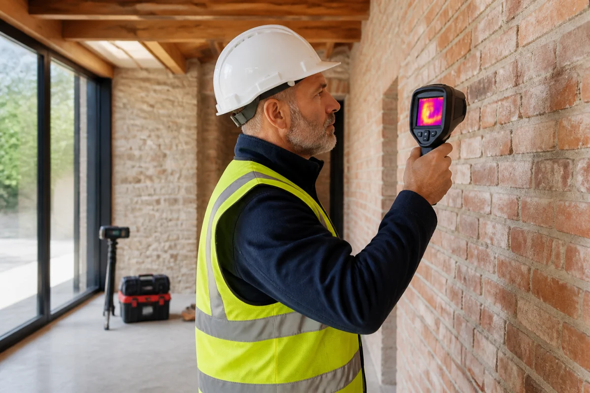 Ingénieur en bâtiment professionnel utilisant une caméra thermique pour diagnostiquer un mur lors d'un chantier de rénovation.