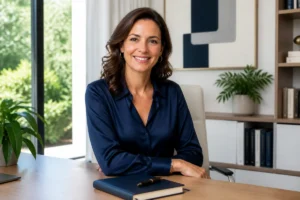 Directrice de crèche souriante et confiante dans un bureau moderne et lumineux pour illustrer comment devenir directrice de crèche.