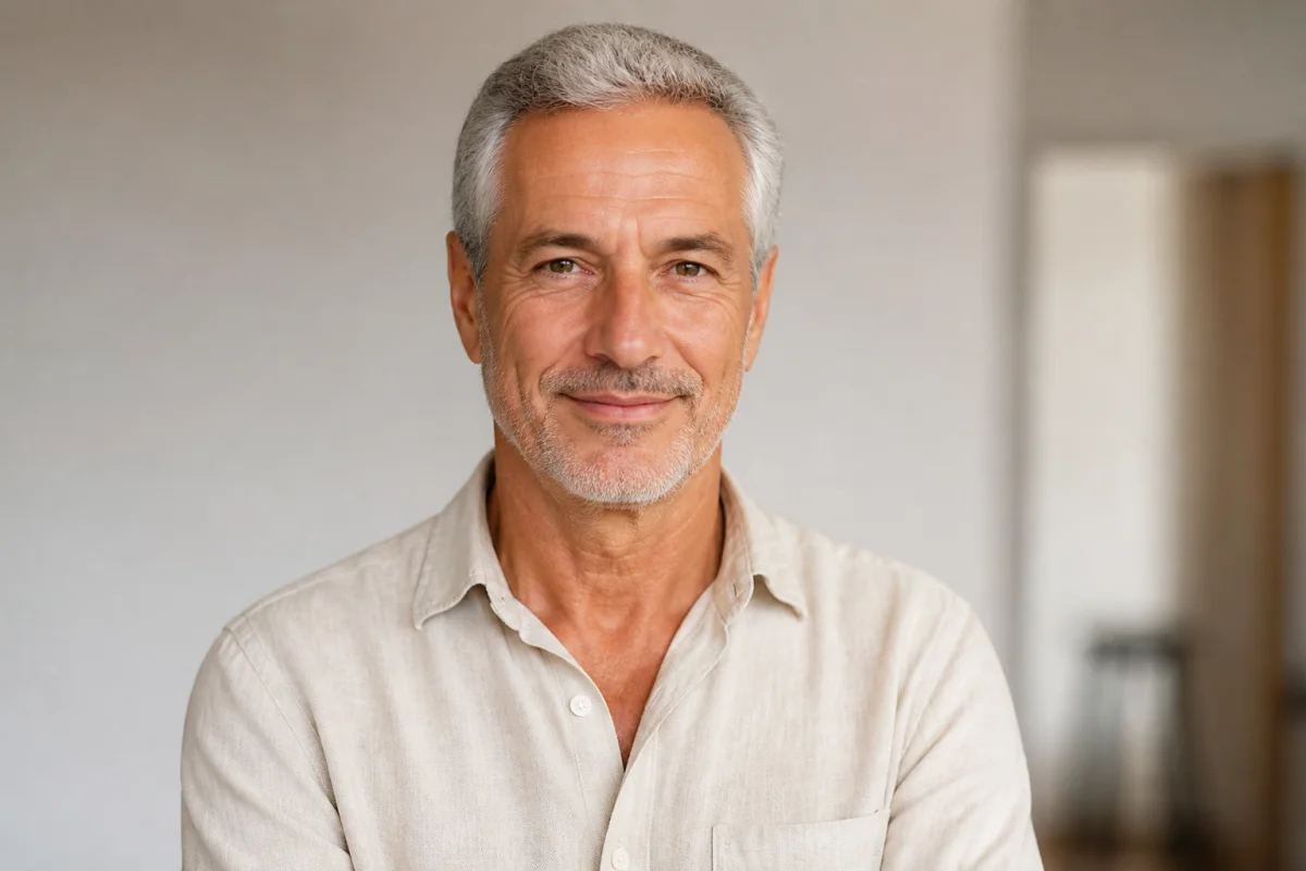 Portrait professionnel d'un homme senior élégant et souriant pour un book de figurant, idéal pour devenir figurant senior.
