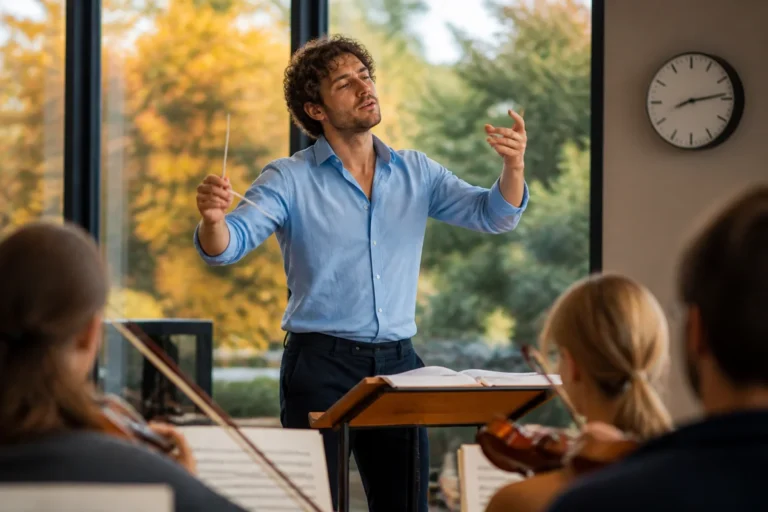 Jeune chef d'orchestre charismatique dirigeant avec passion dans une salle de répétition lumineuse pour apprendre comment devenir chef d'orchestre.