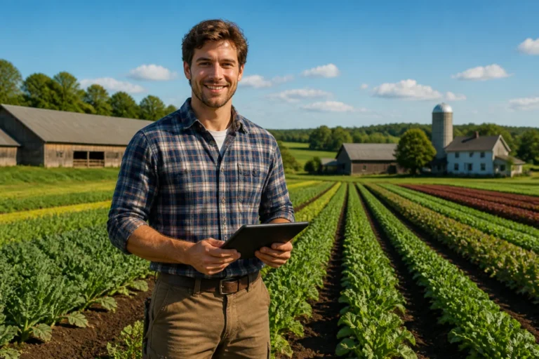 Jeune agriculteur souriant avec une tablette dans son champ, illustrant comment devenir exploitant agricole moderne et professionnel.