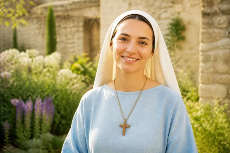 Jeune femme souriante en habit monastique bleu ciel dans un jardin ensoleillé pour illustrer comment devenir bonne soeur.