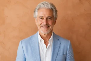Portrait professionnel d'un senior élégant et souriant, idéal pour illustrer comment devenir figurant senior en casting.