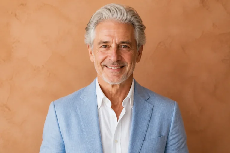 Portrait professionnel d'un senior élégant et souriant, idéal pour illustrer comment devenir figurant senior en casting.