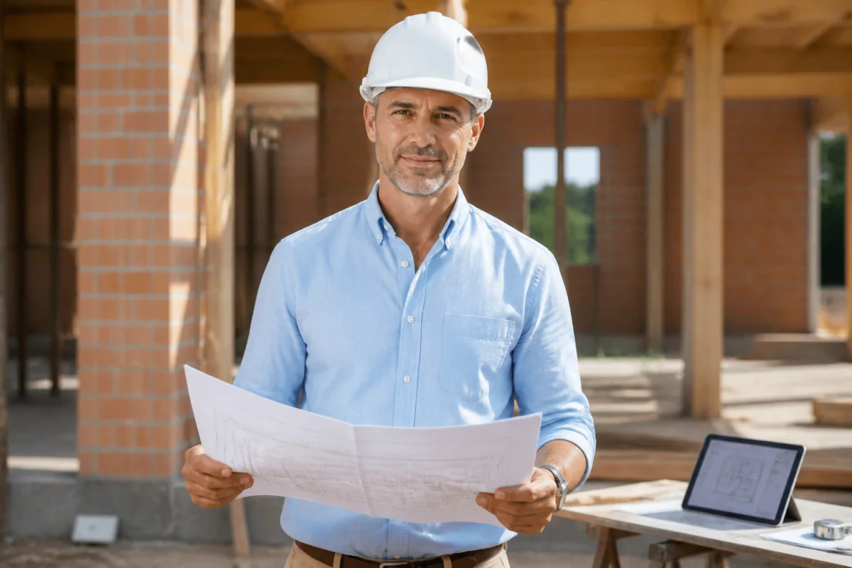 Maître d'œuvre professionnel en casque de sécurité tenant des plans sur un chantier, illustrant comment devenir maître d'œuvre.