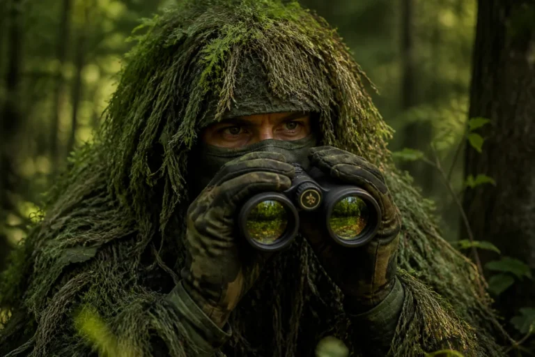 Tireur d'élite en tenue de camouflage observant la forêt avec des jumelles pour apprendre comment devenir tireur d'élite.