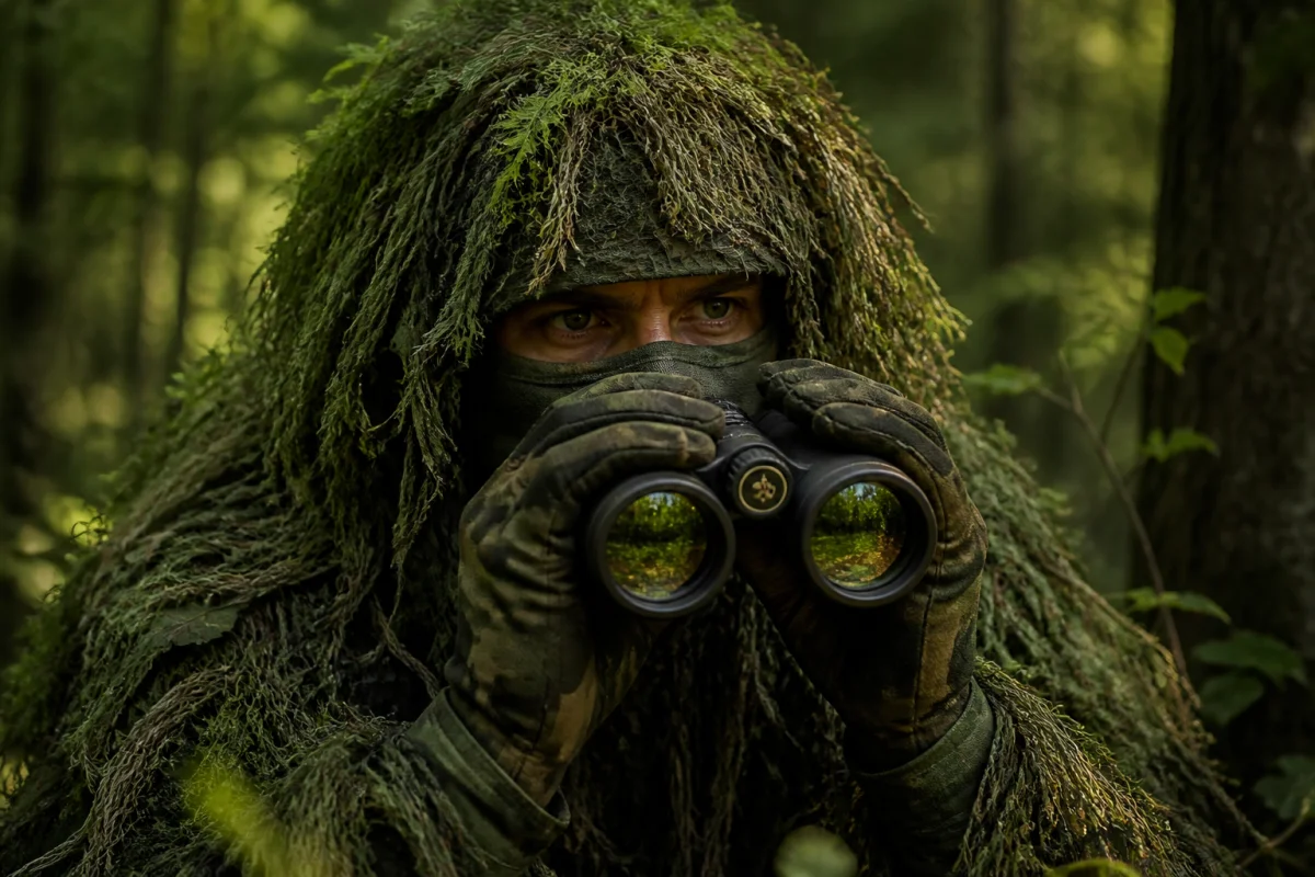 Tireur d'élite en tenue de camouflage observant la forêt avec des jumelles pour apprendre comment devenir tireur d'élite.