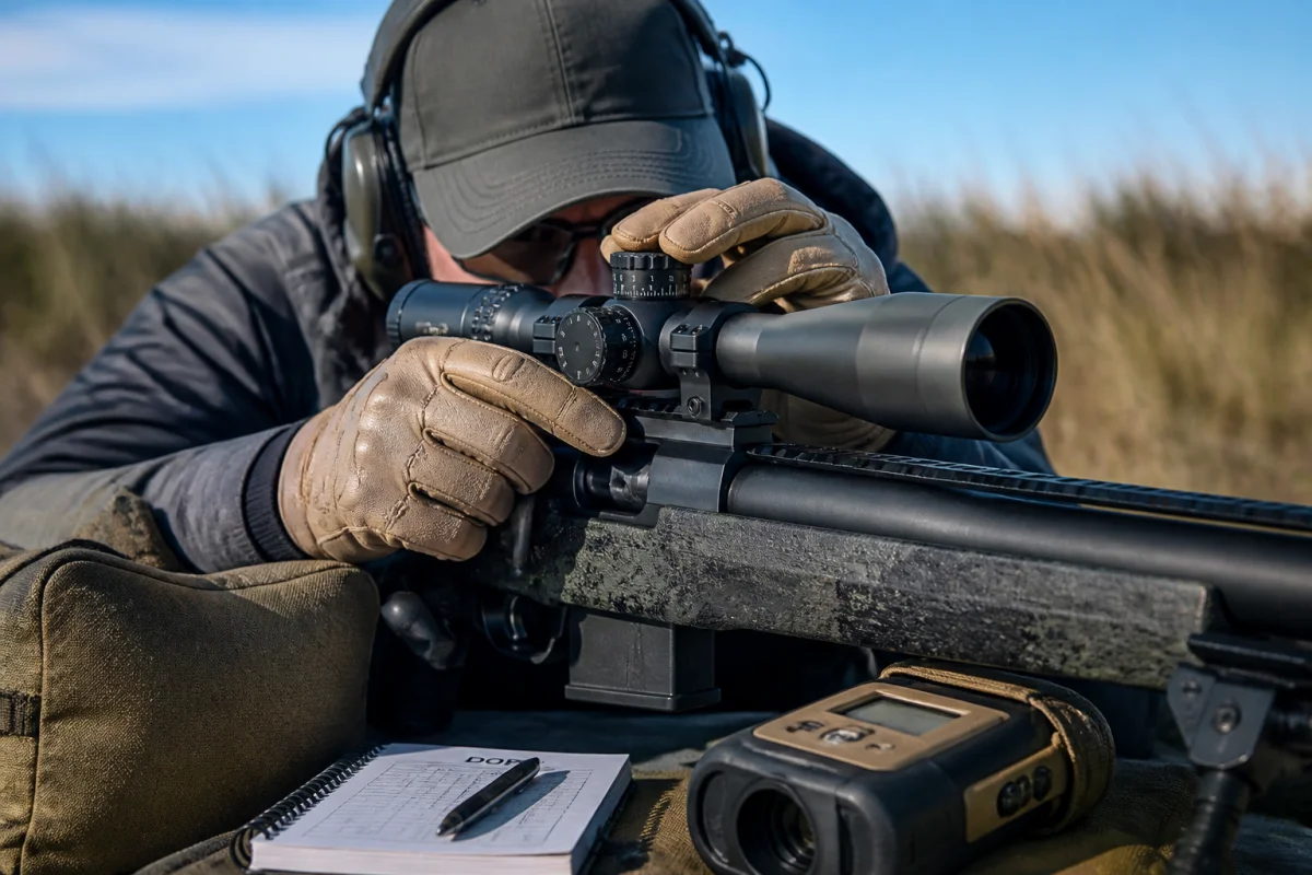 Tireur d'élite ajustant avec précision la lunette de sa carabine sur un champ de tir en extérieur.