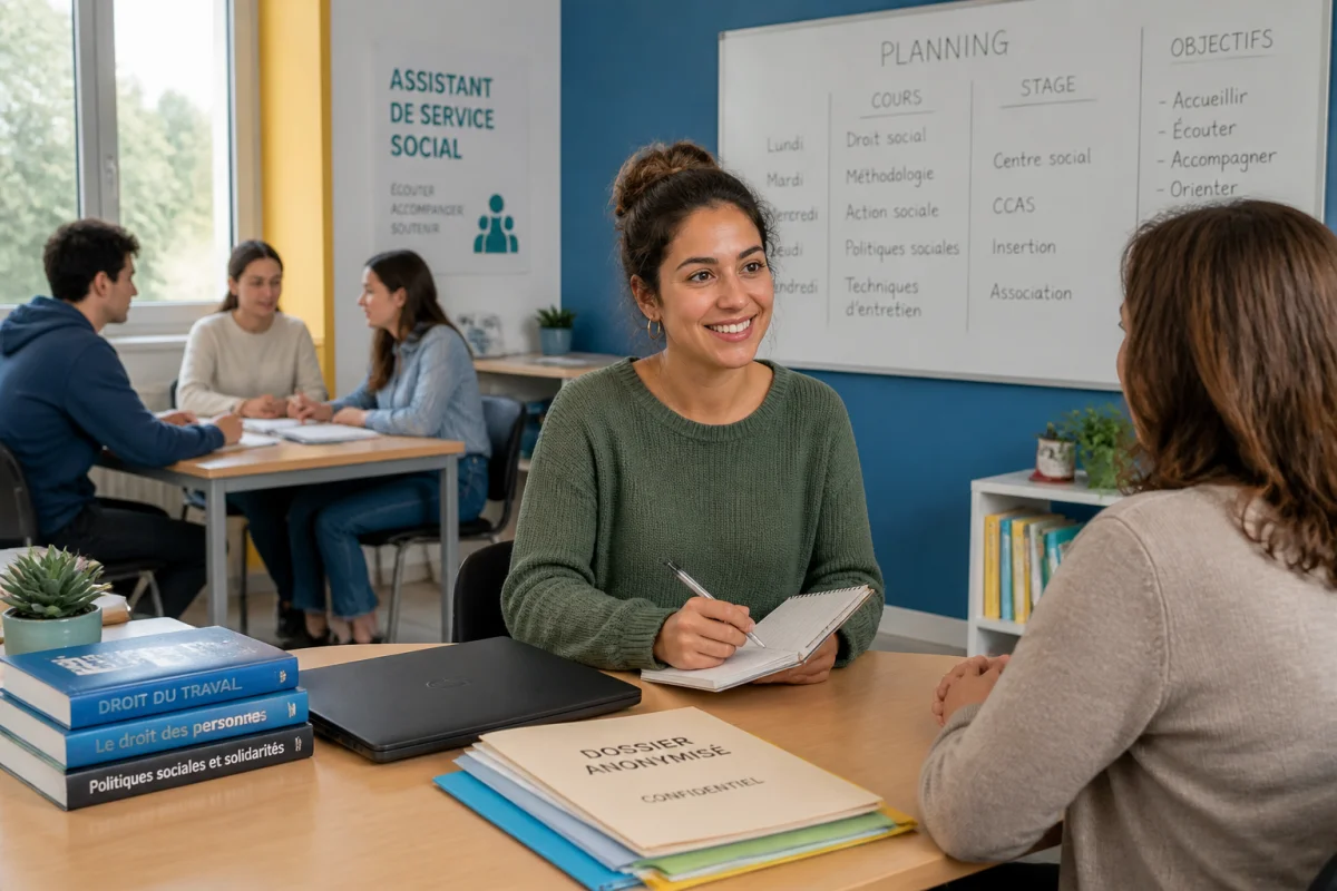 Étudiante en formation d’assistante sociale échangeant avec une personne accompagnée dans un centre de formation lumineux