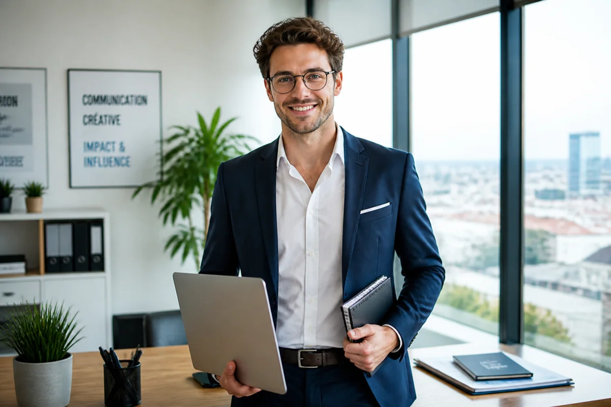 Jeune attaché de presse professionnel travaillant sur un ordinateur dans un bureau moderne et lumineux.