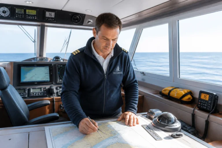 Capitaine de bateau professionnel à la passerelle, consultant ses instruments de navigation face à une mer calme
