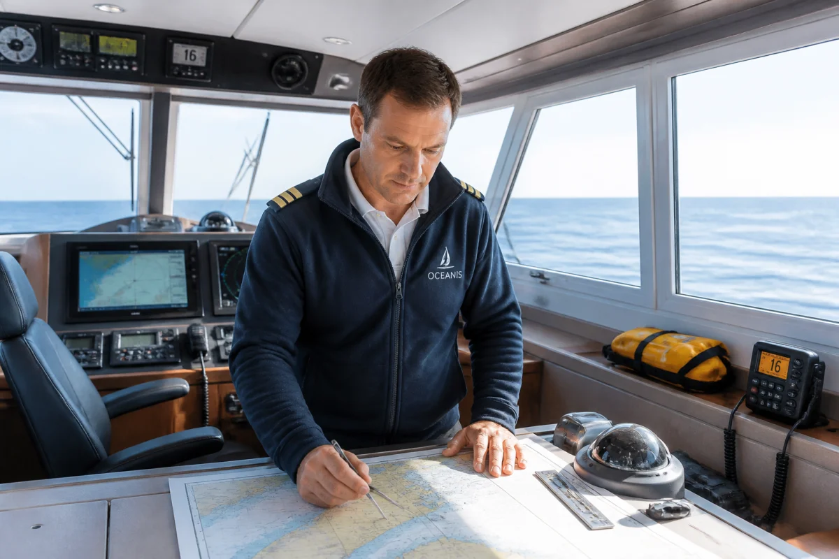 Capitaine de bateau professionnel à la passerelle, consultant ses instruments de navigation face à une mer calme