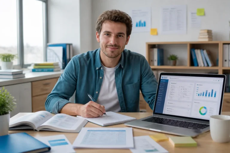 Comment devenir consultant SAP : préparation d’une certification professionnelle devant un ordinateur et des supports de formation