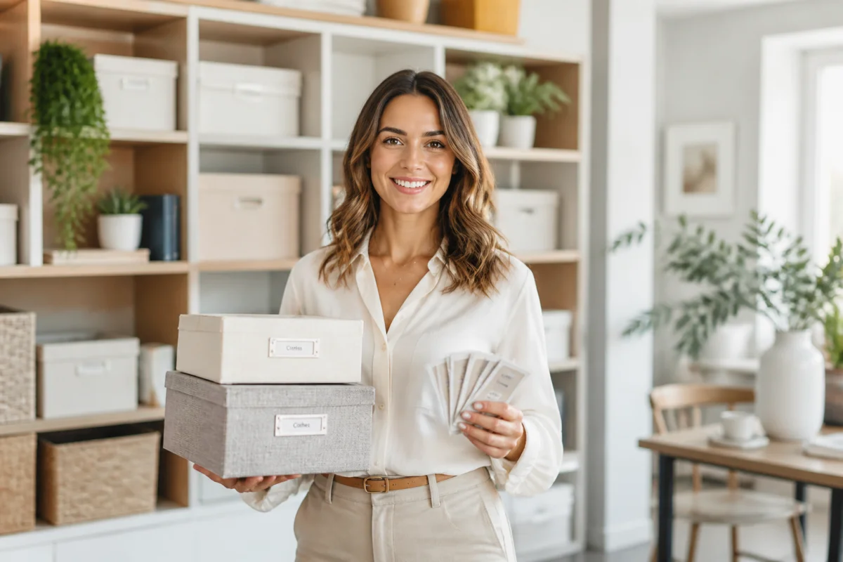 Une organisatrice d'intérieur professionnelle souriante dans un espace minimaliste et ordonné pour apprendre comment devenir home organiser.