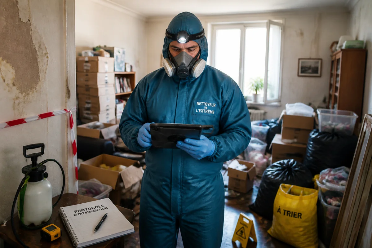 Nettoyeur de l’extrême en combinaison de protection diagnostiquant un logement très encombré après un dégât des eaux