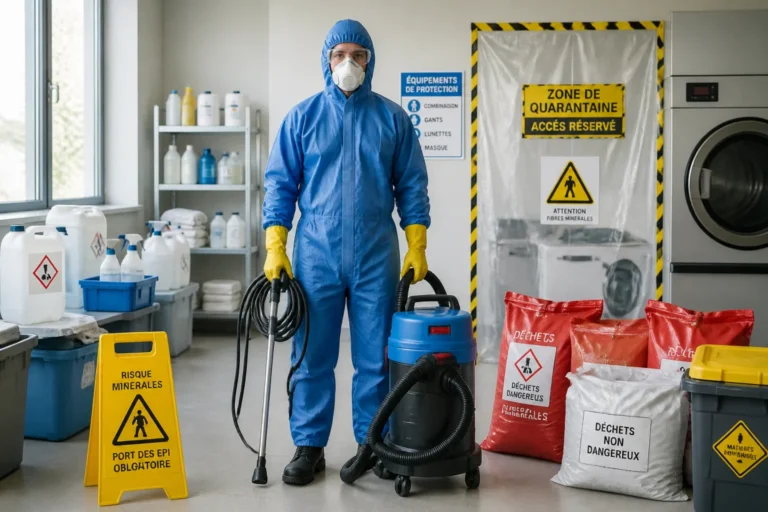 Nettoyeur de l’extrême en combinaison de protection, préparant son équipement dans un local professionnel sécurisé