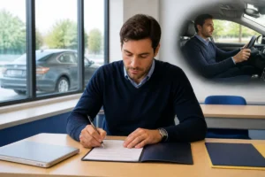 Candidat préparant l’examen pour devenir chauffeur VTC avec BVTC, entre questionnaire professionnel et épreuve pratique en berline.