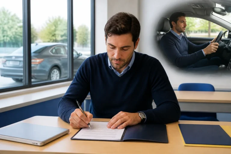 Candidat préparant l’examen pour devenir chauffeur VTC avec BVTC, entre questionnaire professionnel et épreuve pratique en berline.