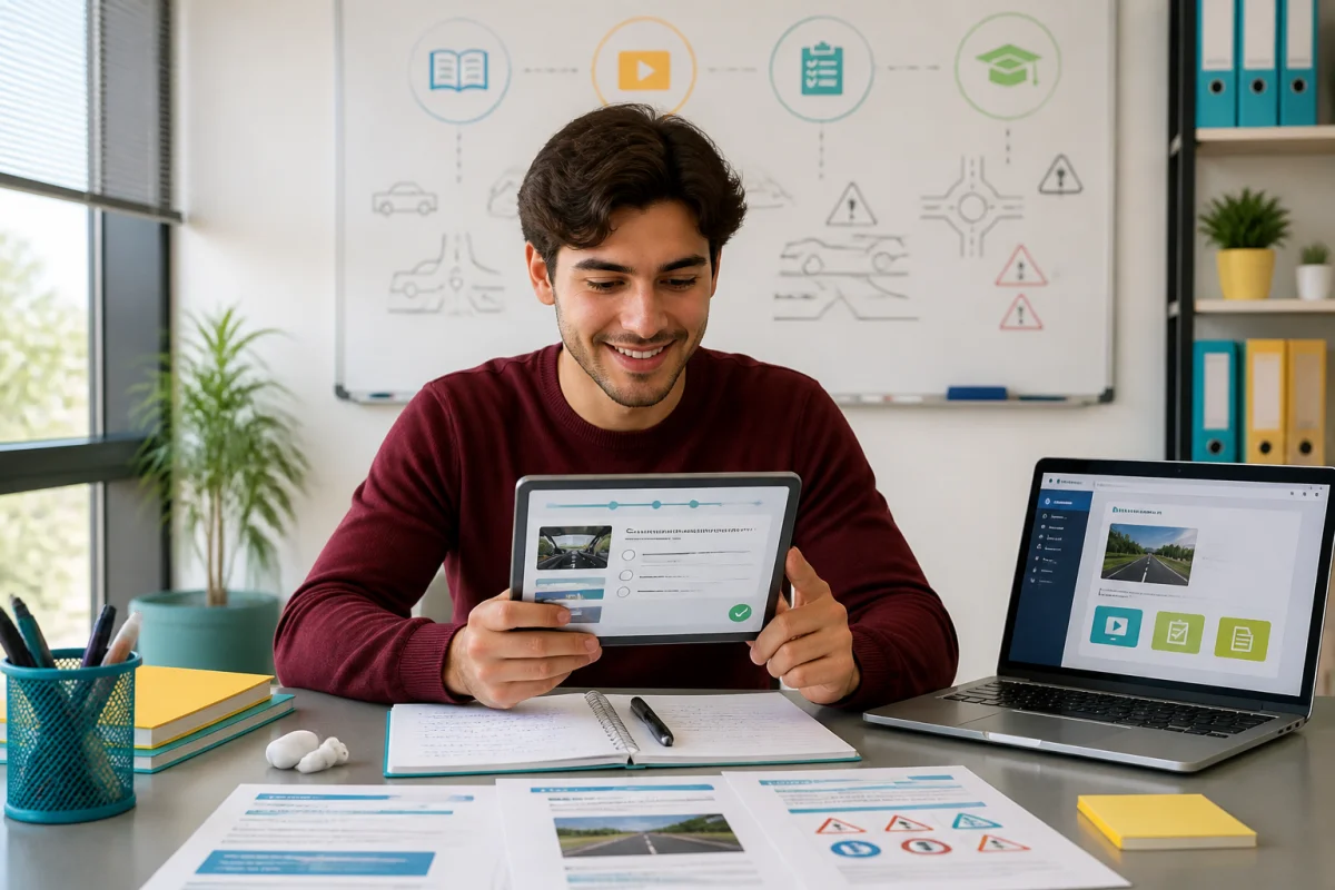 Candidat souriant préparant l’examen VTC sur tablette, avec fiches de cours dans une salle de formation BVTC moderne