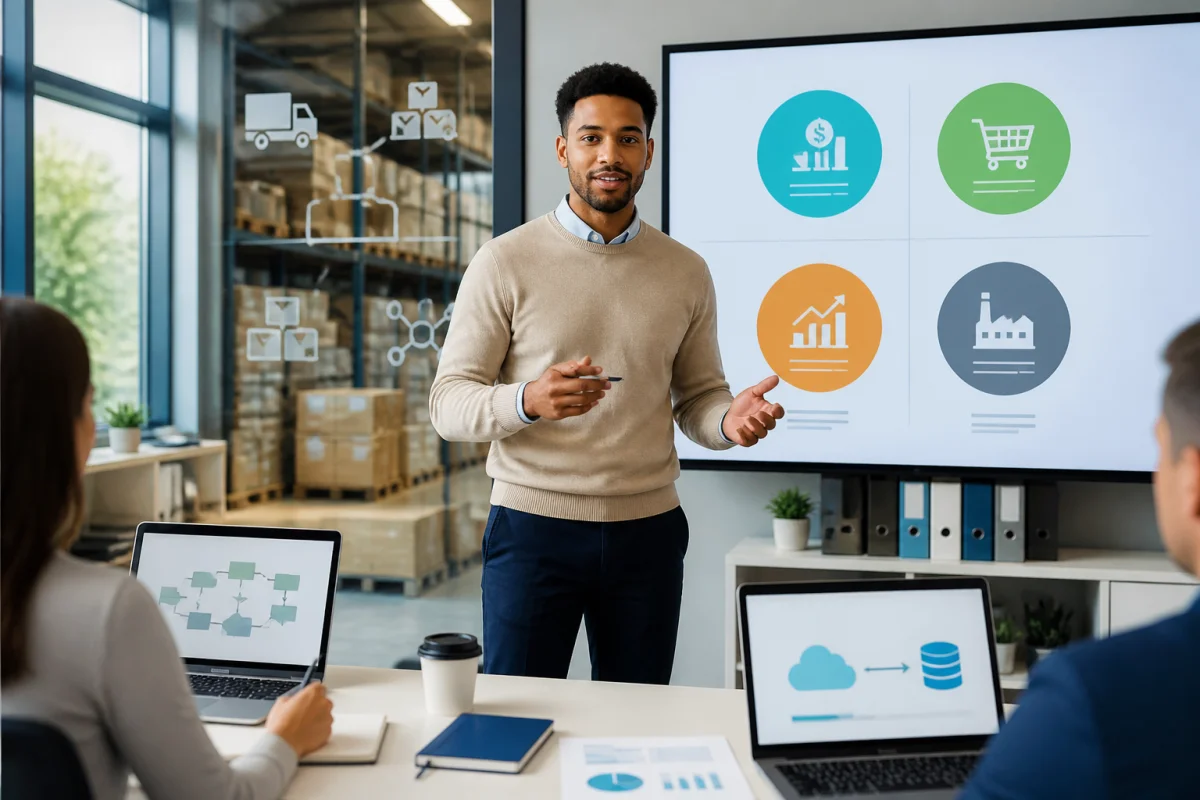 Jeune consultant en formation SAP devant un écran illustrant les modules finance, achats, ventes et production