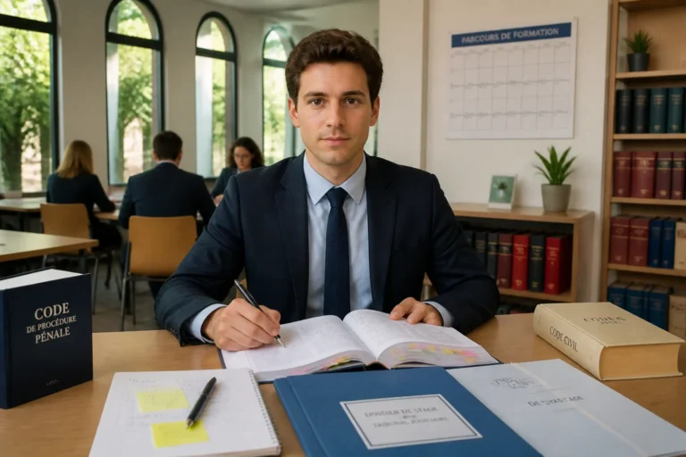 Élève magistrat étudiant un dossier juridique dans une école de magistrature pour devenir juge d’instruction