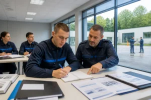 Stagiaire en uniforme accompagné d’un formateur lors d’une formation pour devenir policier municipal