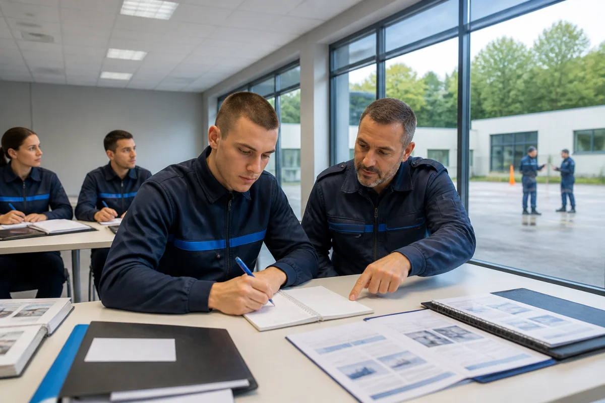 Stagiaire en uniforme accompagné d’un formateur lors d’une formation pour devenir policier municipal