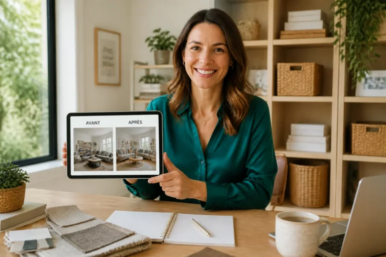 Femme professionnelle souriante dans un bureau organisé, illustrant les conseils pour savoir comment devenir home organiser.