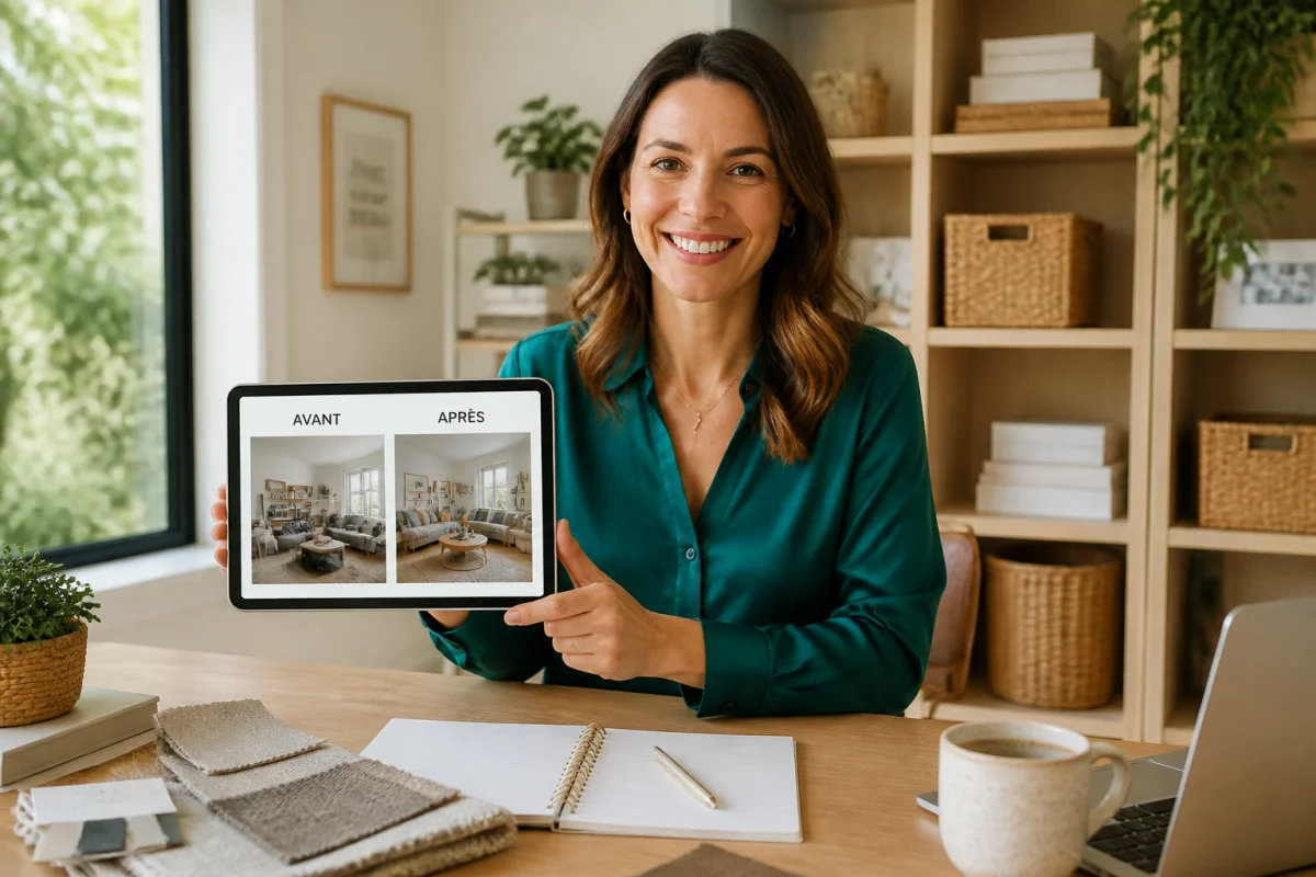 Femme professionnelle souriante dans un bureau organisé, illustrant les conseils pour savoir comment devenir home organiser.