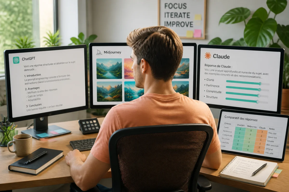Jeune prompt engineer comparant des réponses d’IA sur trois écrans, dans un bureau lumineux avec graphiques et notes.