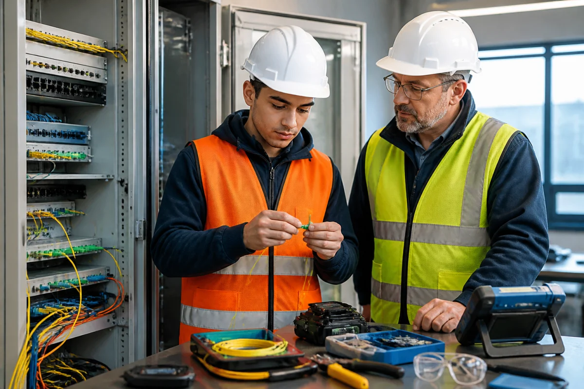 Jeune technicien en formation raccordant une fibre optique sous la supervision d’un professionnel dans un local technique