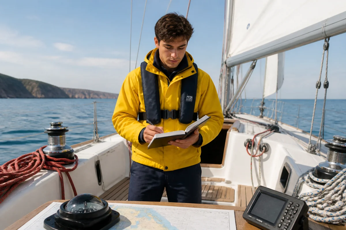 Stagiaire maritime étudiant la navigation sur le pont d’un voilier-école, une étape pour devenir capitaine de bateau