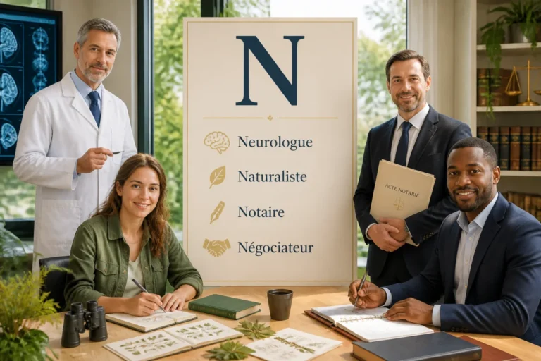 Professionnels illustrant des métiers en N : neurologue, naturaliste, notaire et négociateur autour de la lettre N