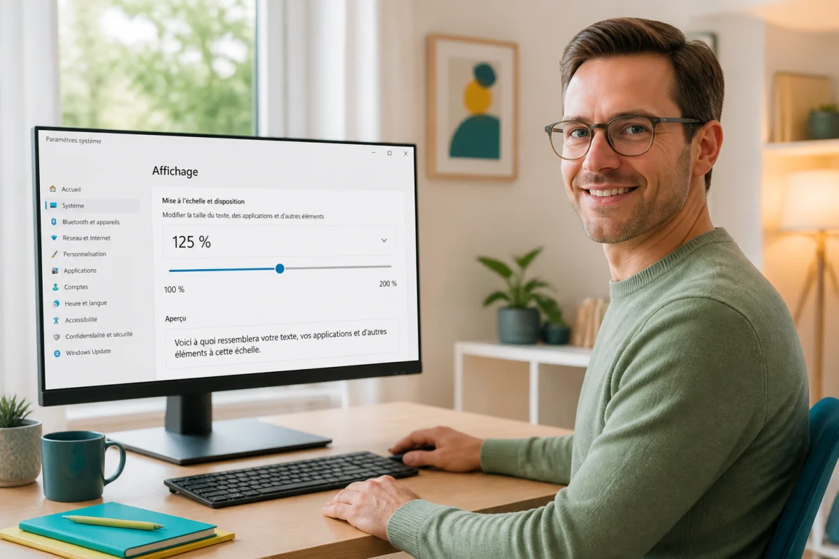 Personne ajustant l’affichage à 125 % sur ordinateur pour agrandir l’écran et réduire la fatigue visuelle