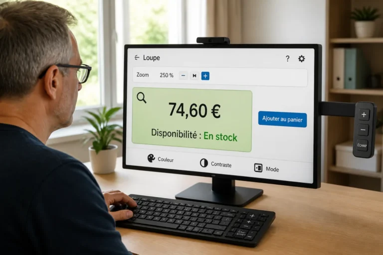 Personne utilisant une loupe numérique pour comprendre comment agrandir l’affichage sur ordinateur dans un bureau lumineux