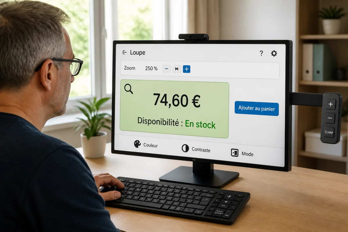 Personne utilisant une loupe numérique pour comprendre comment agrandir l’affichage sur ordinateur dans un bureau lumineux