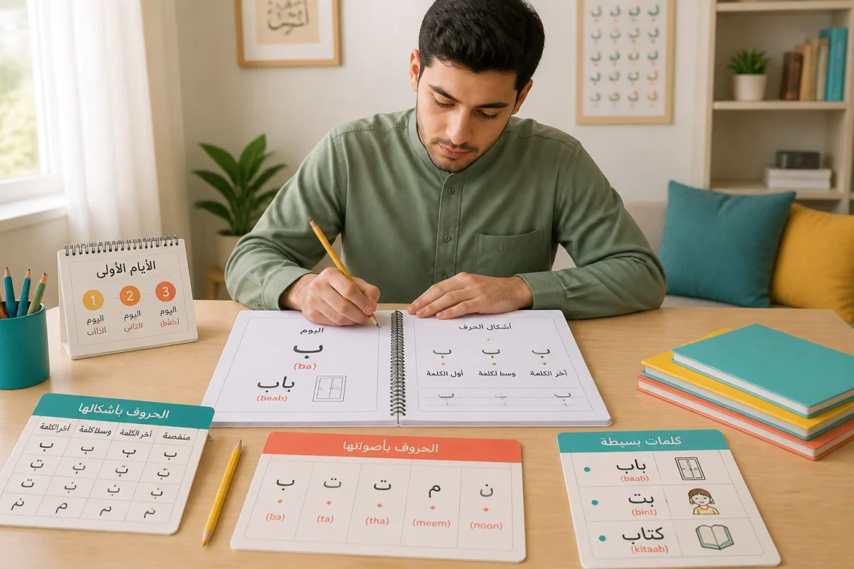 Débutant apprenant l’alphabet arabe et écrivant la lettre ب sous ses différentes formes dans un cahier pédagogique
