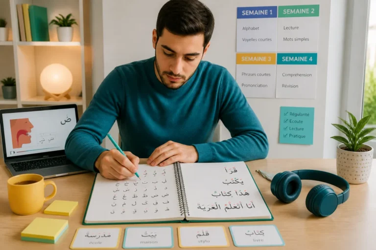 Débutant adulte apprenant l’arabe devant un cahier d’alphabet arabe et un planning de progression en quatre semaines