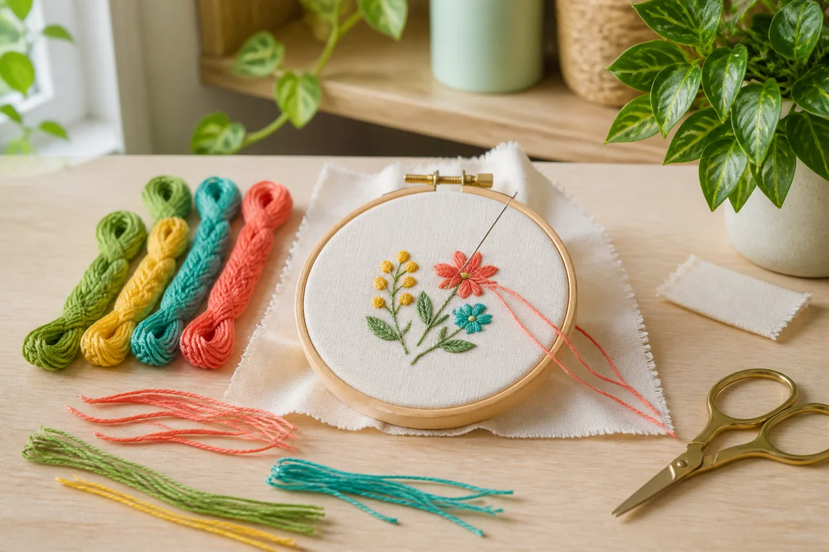 Matériel de broderie pour débutants avec tambour floral, fils colorés, aiguille, tissu et petits ciseaux тәшкилат